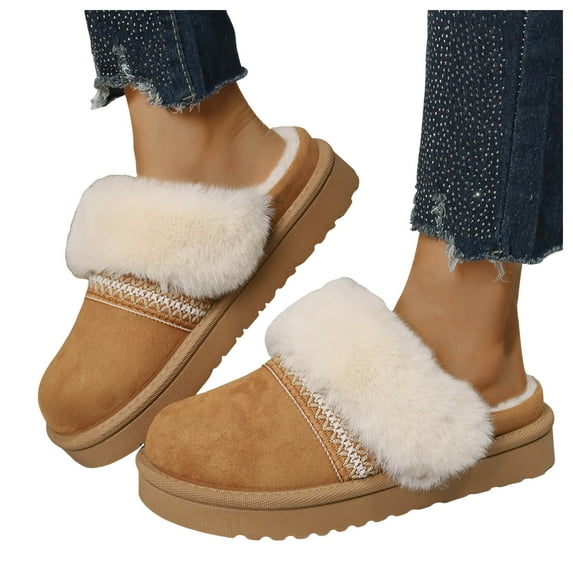 Boho Ethnic Platform Mules Ankle Boots for Women with Fleece Lined Winter Warm Cozy Suede Indoor and Outdoor Backless Clogs Slip on House Slippers Casual Snow Booties