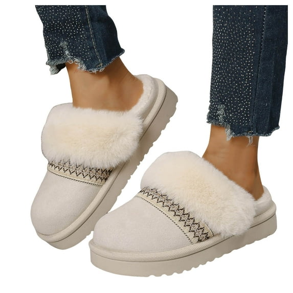 Boho Ethnic Platform Mules Ankle Boots for Women with Fleece Lined Winter Warm Cozy Suede Indoor and Outdoor Backless Clogs Slip on House Slippers Casual Snow Booties
