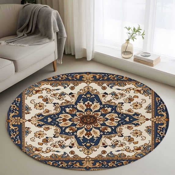 Boho Ethnic Round Area Rug 4 FT, Non Slip Indoor Outdoor Rug, Vintage Bohemian Traditional Floral Classic Washable Soft Circular Carpet Non-Shedding Floor Mat for Coffee Table Nursery Foyer Balcony