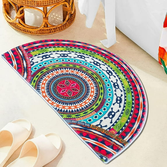 Boho Ethnic Stripes Skull Mystic Mandala Half Round Door Mat Bath Mat Half Circle Area Rug Indoor Outdoor Doormat Non Slip Bathroom Rugs Entrance Floor Mats Home Decor Rug 16x24 Inch