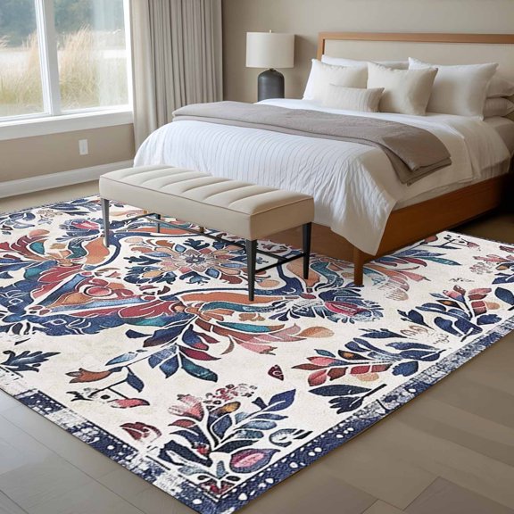Boho Ethnic Style 6x9 Rug for Dining Room Table and Chair Setup, Retro Leaves Texture Low Pile Washable Non Slip Rectangle Area Rug