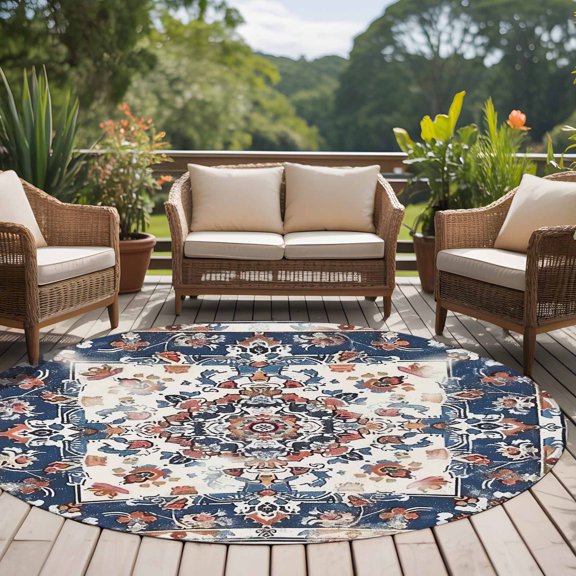 Boho Ethnic Style 8ft Round Rug for Open Concept Living Room Seating Zone, Retro Floral Texture Washable Non Slip Large Circle Area Rug