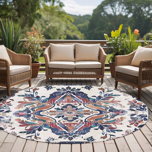 Boho Ethnic Style 8ft Round Rug for Open Concept Living Room Seating Zone, Retro Leaves Texture Washable Non Slip Large Circle Area Rug