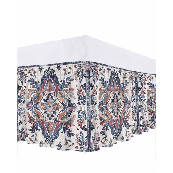 Boho Ethnic Style Bed Skirt California King Size 18" Drop Retro Leaves Texture Ruffled Wrap Around Bed Skirts Adjustable Elastic Bedskirt Dust Ruffle for California King Size Bed