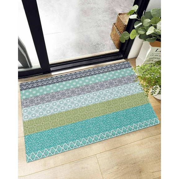 Boho Ethnic Style Geometric Pattern Doormat Shaggy Plush Rug, Comfy Furry Floor Area Rugs Blue Teal Stripes Gradient Cozy Throw Shag Carpets Indoor Entrance Decor Door Mats