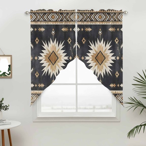 Boho Ethnic Swag Valances for Windows, Abstract Southwestern Arrow Elements Rod Pocket Short Curtains, Machine Washable Kitchen Window Topper for Bathroom Living Room, 36 x 36 Inch, 1 Pair