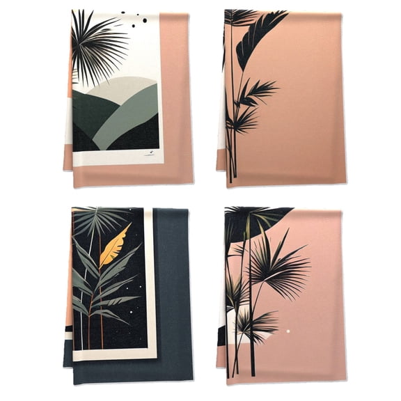 Boho Ethnic Tea Towel - for Washroom Garden Outdoor Dressing Room Indoor 4pcs/Pack 16x24inch - Durable Nature Mid Century Palm Leaf Hand Towel - Muted Tones Sun Vector Art Fall Bathroom Decor