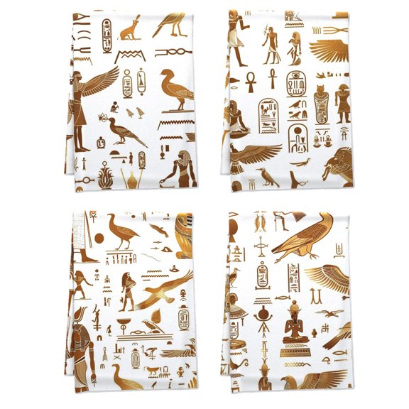 Boho Ethnic Towel Aztec Symbols Egyptian Hieroglyphs Bath Towel 4Pcs 16x24inch Breathable Kitchen Decorative Setbathroom Hand Home Towels Decoration for Home Table Powder Room Outdoor Microfiber