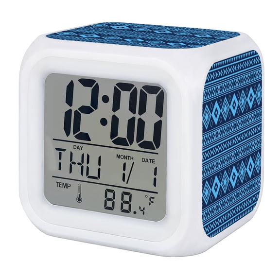 Boho Ethnic Tribe Digital Alarm Clock for Bedrooms,Smart LED Alarm Clock with 7 Color Changing Night Light,Indigo Blue Zen Southwest Middle Century Silent Wake Up Clocks for Sleep Study 3.2"x3.2"