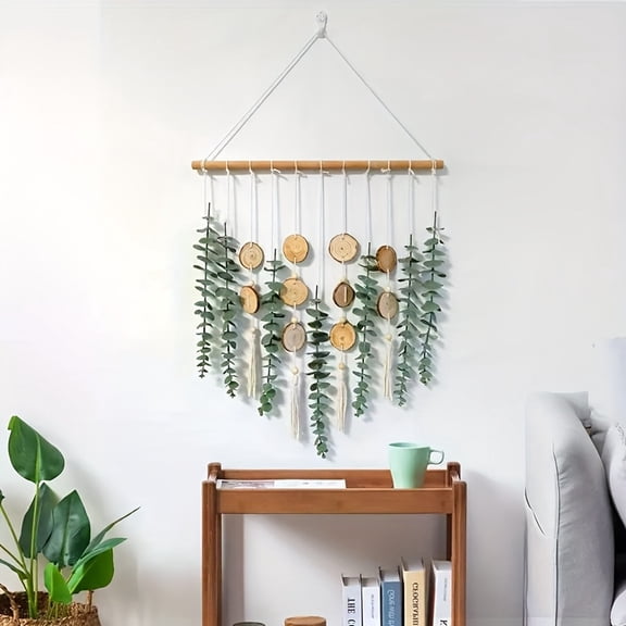 Boho Eucalyptus Wall Hanging Decor with Wood Beads, Artificial Greenery Vine Wall Art, Wooden Bead Rustic Farmhouse Wall Decor for Bedroom, Bathroom, Living Room, Entryway, Housewarming Gift