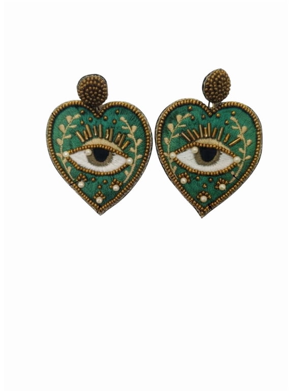 QRIXLOOM Green Heart Evil Eye Earrings Handmade Embroidered Beaded Jewelry for Women