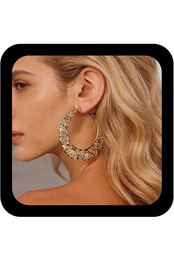 Boho Exaggerate Circle Earrings Gold Hollow Circle Hoop Earrings Vintage Pattern Circles Earrings Lightweight Filigree Round Earrings Jewelry for Women[w8414]