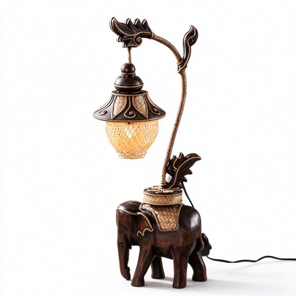 Boho Exotic Elephant Sculpture Table Lamp 23.23" E12 Socket, Southeast Asian Retro Elephant Table Lamp, Natural Rattan Woven Shade Desk Lamp, for Bedroom Study Teahouse