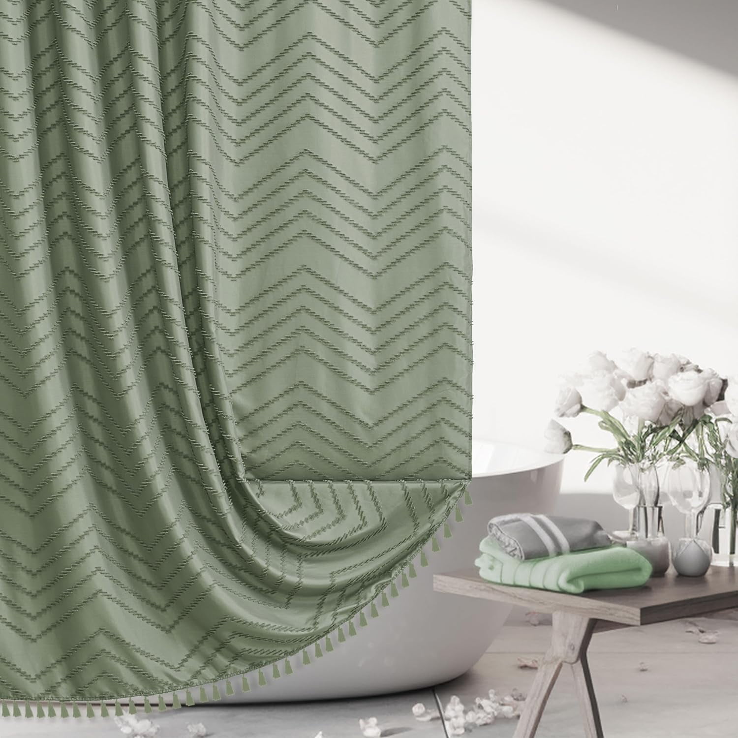 Boho Extra Long Sage Green Shower Curtain with Tassel, Tufted Chevron