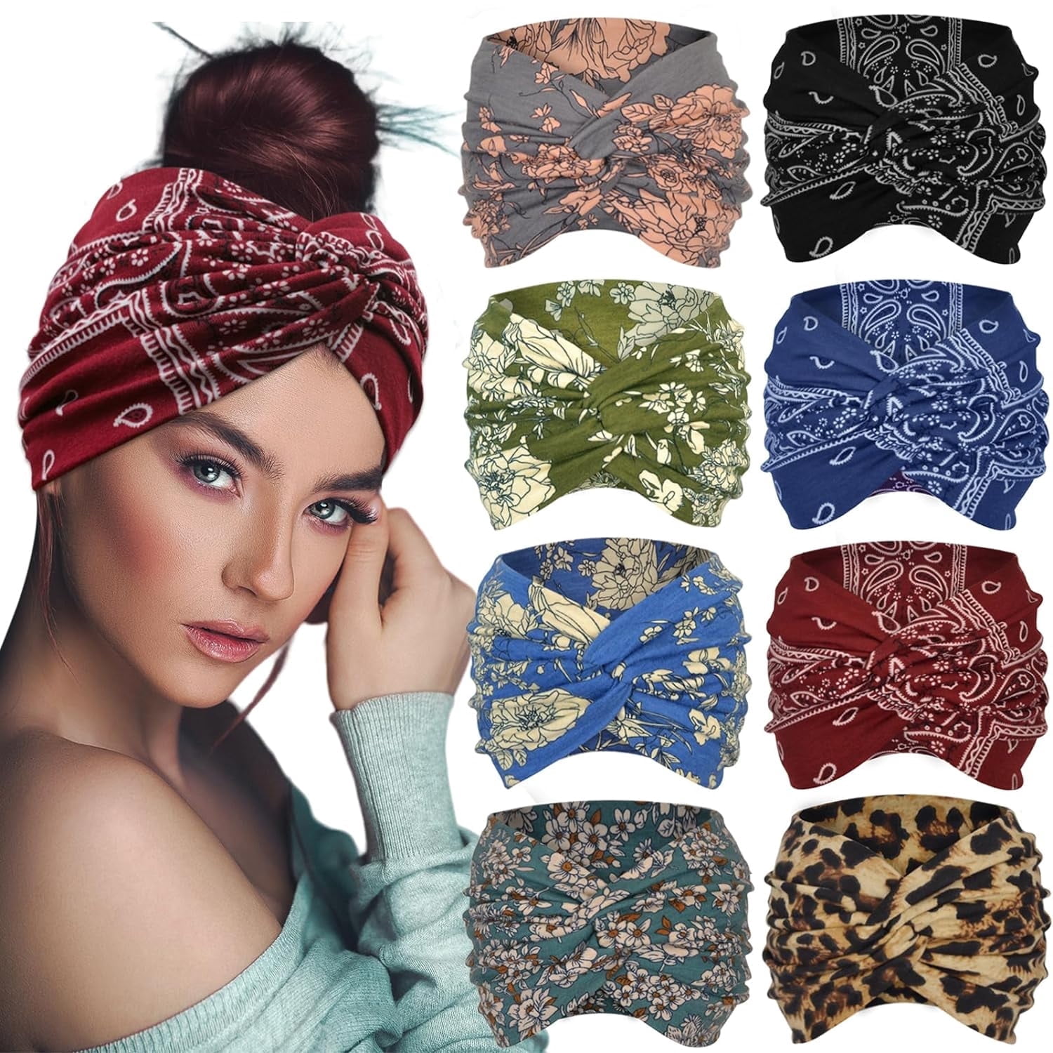 Boho Wide Headbands for Women, 8 Pcs Stretch Non-slip Big  display picture 2