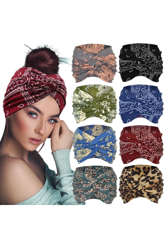 Boho Extra Wide Headbands For Women 7'' Large Headband Twist Head Bands Women's Hair Band Stretchy Turban Styling Accessories 8 Pack