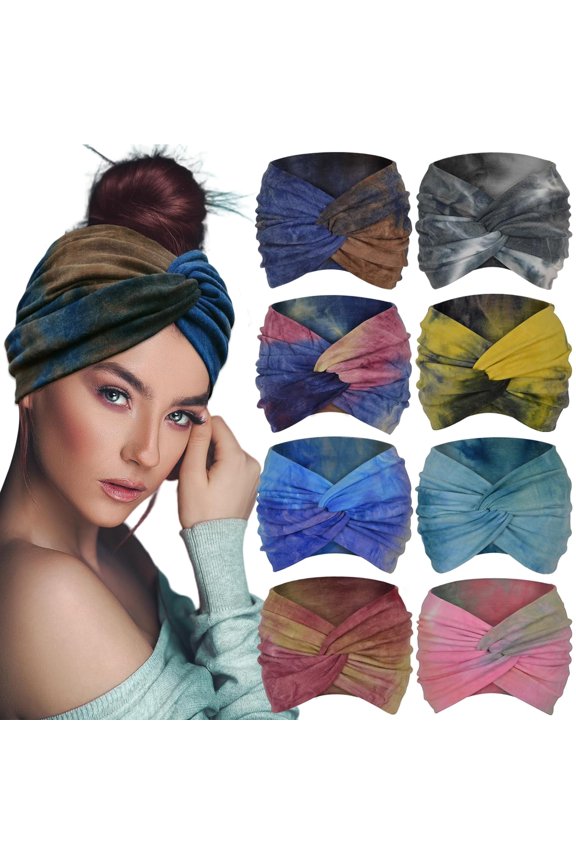 Boho Extra Wide Headbands For Women 7'' Large Headband Twist Head Bands Women's Hair Band Stretchy Turban Styling Accessories Tie Dye 8 Pack