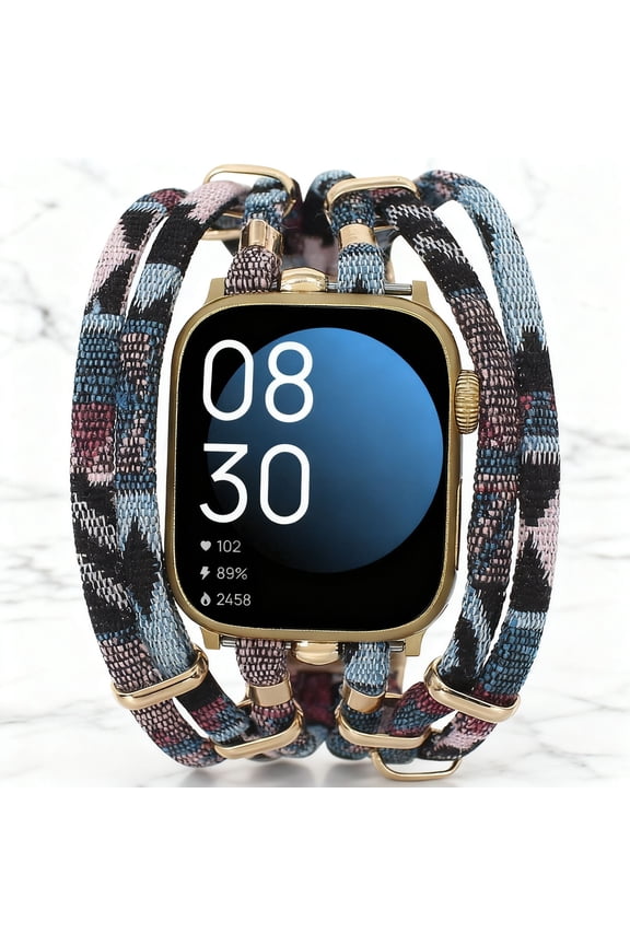 Boho Fabric Band for Apple Watch Series 11/10 (46mm), Multi-Layer Woven Strap with Gold Metal Connectors, Adjustable Wrap Bracelet Replacement Wristband for Women