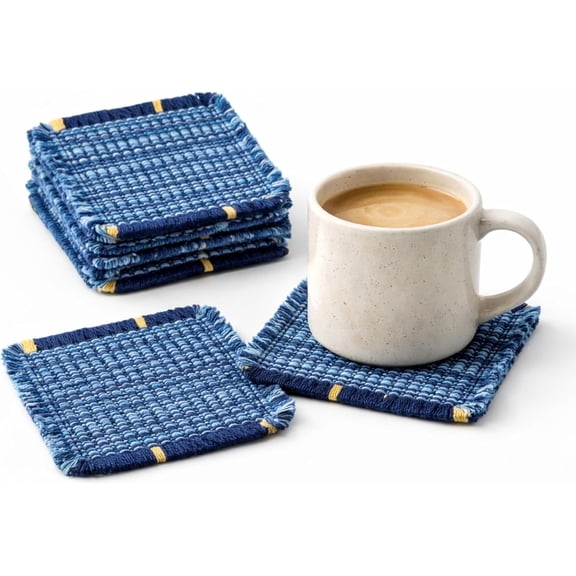 Boho Fabric Coasters for Home Decor Set of 6, Handcrafted Cotton Drink Coasters, Coastal Farmhouse Table Decor for Coffee, Tea & Cocktails, Housewarming Gift