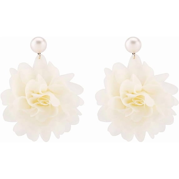 Boho Fabric Flower Dangle Earrings for Women Colorful Lightweight Handmade Shell Pearl Camellia Summer Wedding Vacation Statement Drop Dangling Earrings Birthday Holiday Jewelry