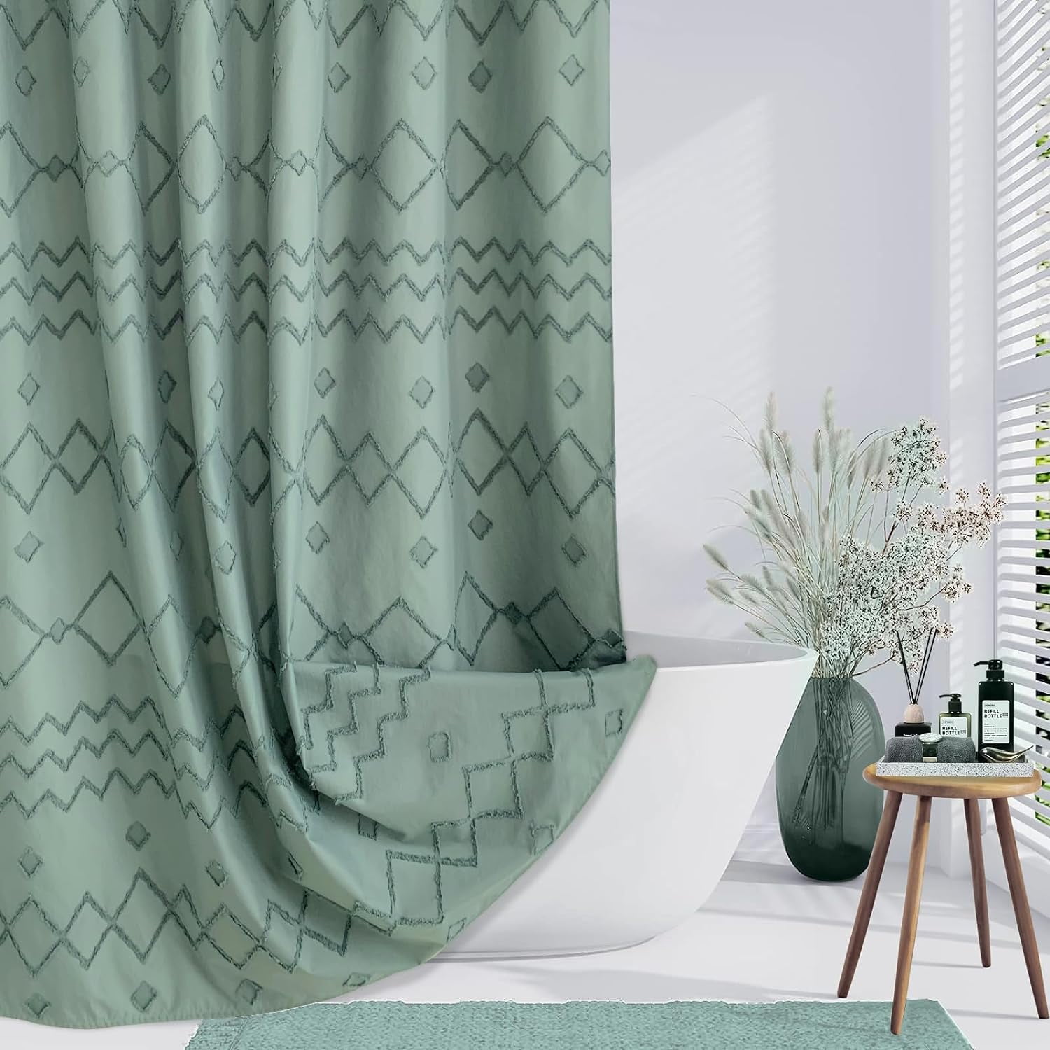 Boho Fabric Shower Curtain Green Striped Polyester Bathroom Shower