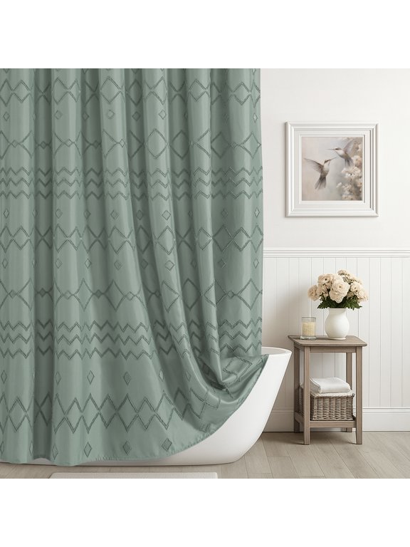 Boho Fabric Shower Curtain Green Striped Polyester Bathroom Shower Curtains with 12 pcs Hooks,72" x 72"