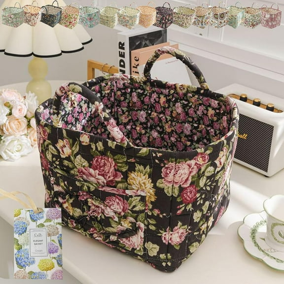 Boho Fabric Storage Basket, Boho Floral Laundry Baskets, Collapsible Bohemian Style Puffer Quilted Tote, Large Capacity Spring Vintage Storage Bag Organizer with Handle & Front Pocket