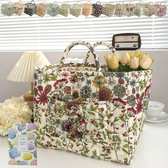 Boho Fabric Storage Basket, Boho Floral Laundry Baskets, Collapsible Bohemian Style Puffer Quilted Tote, Large Capacity Spring Vintage Storage Bag Organizer with Handle & Front Pocket