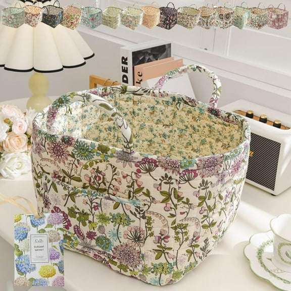 Boho Fabric Storage Basket, Boho Floral Laundry Baskets, Collapsible Bohemian Style Puffer Quilted Tote, Large Capacity Spring Vintage Storage Bag Organizer with Handle & Front Pocket