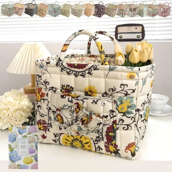 Boho Fabric Storage Basket, Boho Floral Laundry Baskets, Collapsible Bohemian Style Puffer Quilted Tote, Large Capacity Spring Vintage Storage Bag Organizer with Handle & Front Pocket