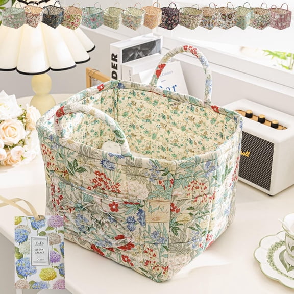 Boho Fabric Storage Basket, Boho Floral Laundry Baskets, Collapsible Bohemian Style Puffer Quilted Tote, Large Capacity Spring Vintage Storage Bag