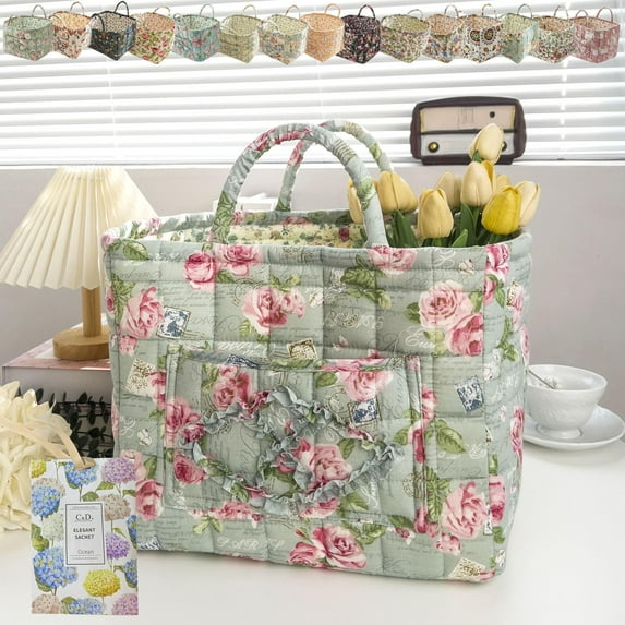 Boho Fabric Storage Basket, Boho Floral Laundry Baskets, Collapsible Bohemian Style Puffer Quilted Tote, Large Capacity Spring Vintage Storage Bag