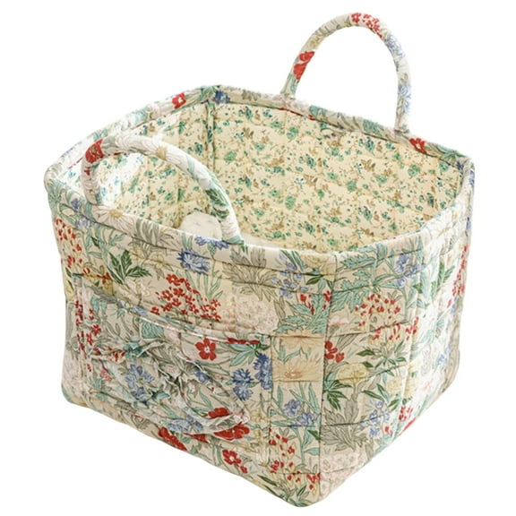 Boho Fabric Storage Basket with Handles, Large Capacity Foldable Floral Organizer for Clothes and Sundries, Quilted Puffer Tote Bag for Home, Picnic, Shopping, Travel