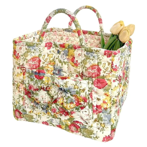 Boho Fabric Storage Basket with Handles, Large Capacity Foldable Floral Organizer for Clothes and Sundries, Quilted Puffer Tote Bag for Home, Picnic, Shopping, Travel