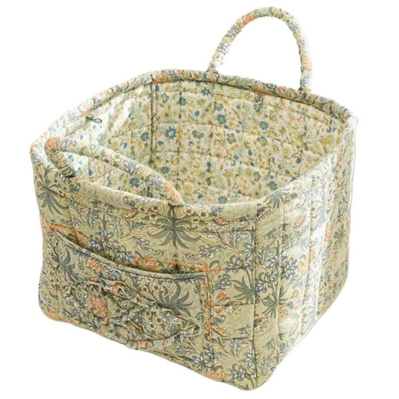 Boho Fabric Storage Basket with Handles, Large Capacity Foldable Floral Organizer for Clothes and Sundries, Quilted Puffer Tote Bag for Home, Picnic, Shopping, Travel