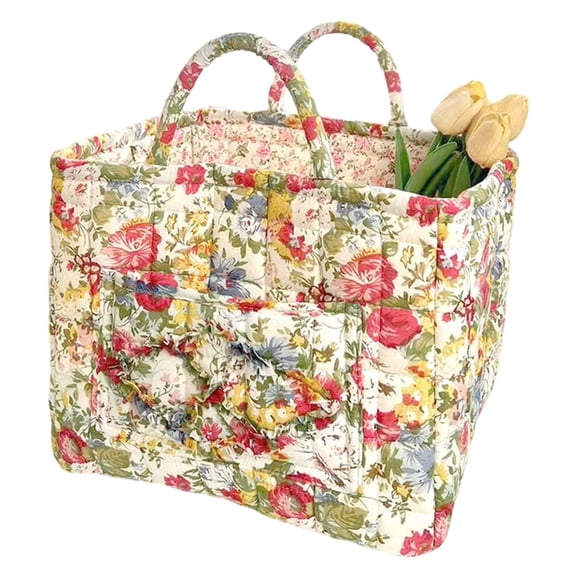 Boho Fabric Storage Basket with Handles, Large Capacity Foldable Floral Organizer for Clothes and Sundries, Quilted Puffer Tote Bag for Home, Picnic, Shopping, Travel
