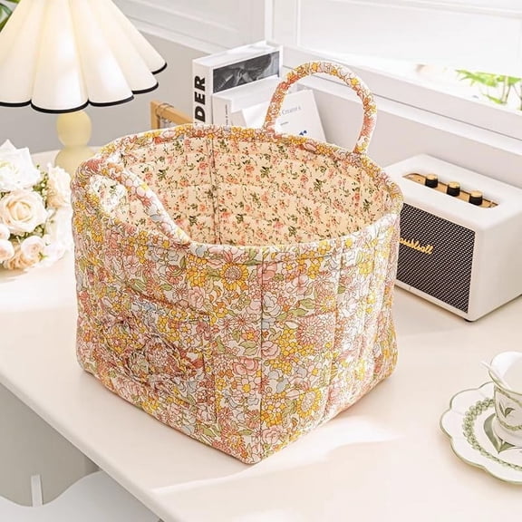 Boho Fabric Storage Basket, Large Collapsible Laundry Hamper with Handles, Quilted Floral Storage Bin for Clothes, Toys, and Home Organization
