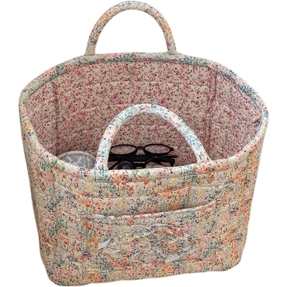 Boho Fabric Storage Basket, Quilted Floral Print Fabric Storage Basket with Reinforced Handles, Collapsible Quilted Laundry Basket Organizer Bin for Bedroom Closet Home Decor Car Storage Picnic,L