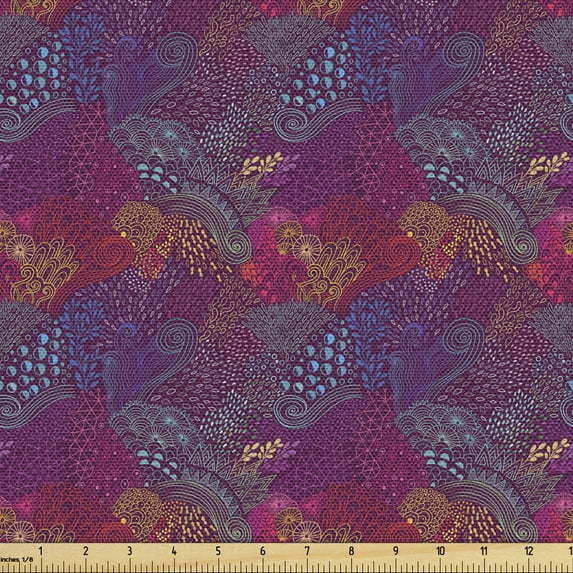 Boho Fabric by the Yard, Botanical Motif in Dark Tones Swirls Berry Herbs Nature Retro Doodle Illustration, Decorative Upholstery Fabric for Chairs & Home Accents, Multicolor by Ambesonne