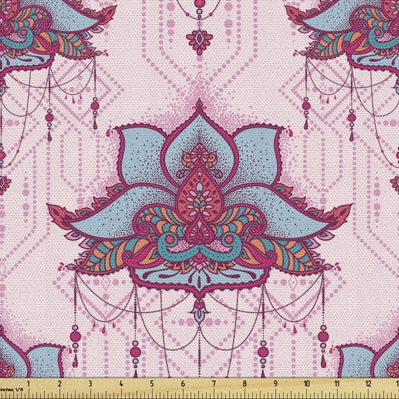 Ambesonne Boho Fabric by the Yard Upholstery, Paisley Leaves Folk Art, 3 Yards, Rose Magenta and Pale Pink