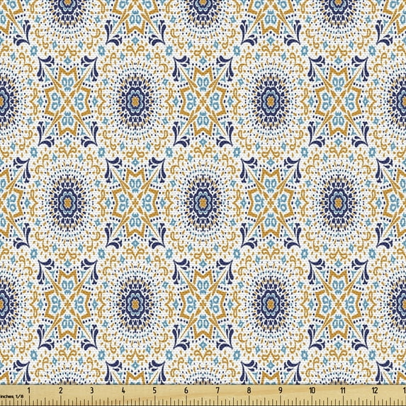 Ambesonne Boho Fabric by the Yard Upholstery, Small Detailed Medallion Motif, 10 Yards, Dark Yellow Indigo