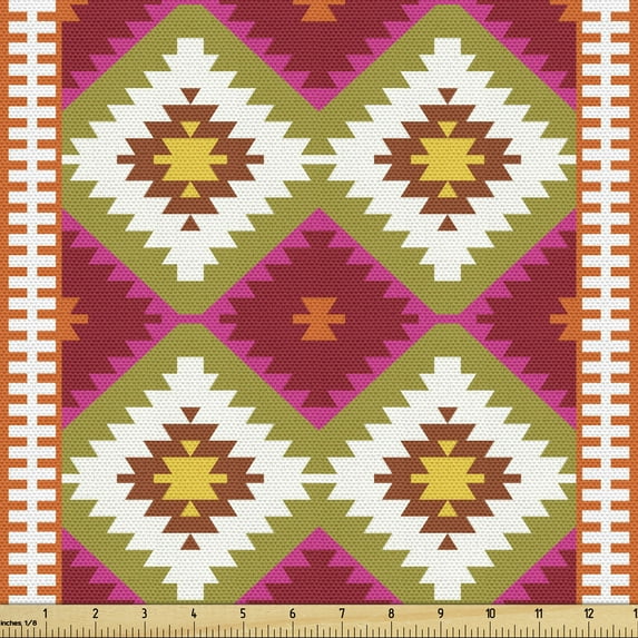 Boho Fabric by the Yard, Print of Turkish Oriental Zigzags Folk Geometric Layout, Upholstery Fabric for Dining Chairs Home Decor Accents, Vermilion and Multicolor by Ambesonne