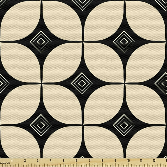 Boho Fabric by the Yard, Repetitive Vintage Composition of Round and Intricate Squares, Decorative Upholstery Fabric for Chairs & Home Accents, Beige and Charcoal Grey by Ambesonne