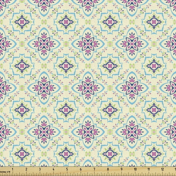 Boho Fabric by the Yard, Traditional Pattern of Floral Motifs in Vibrant Tones, Decorative Upholstery Fabric for Sofas and Home Accents, Pink Deep Sky Blue by Ambesonne