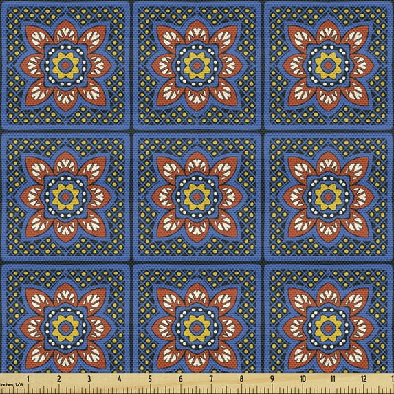 Ambesonne Boho Fabric by the Yard Upholstery, Talavera Squares and Flowers, 10 Yards, Coral Dark Sky Blue