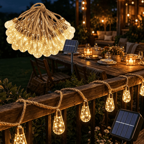Boho Fairy String Lights, 32FT Solar Outdoor Lights with Remote, 20 Shatterproof Bulbs, Warm White, 8 Modes, Waterproof Decor for Garden Patio, Fence, Balcony, Camping, Café(Warm 1set)