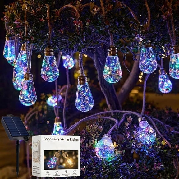 Boho Fairy String Lights Outdoor Backyard Solar String Lights LED for Garden Patio Porch Decor USB Waterproof Shatterproof Bulbs 8 Modes Edison Night Lamp Party Gift(18.04ft,colored light)