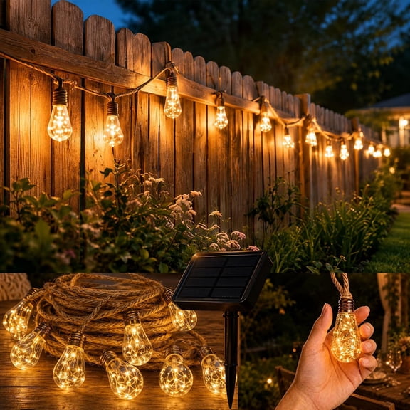 Boho Fairy String Lights Outdoor Solar Powered, Vintage Rope Hemp Bulb LED Patio Lights, Waterproof Shatterproof Backyard String Lights for Garden Fence Decor (Warm White - 15lights, 300, Inches)
