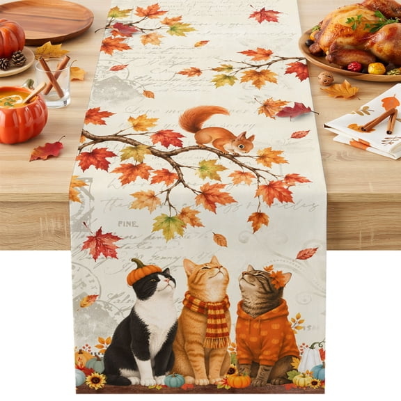 Boho Fall Cat Table Runner, Thanksgiving Autumn Harvest Pumpkin Maple Leaf Washable Cotton Linen Table Runners 36 Inches Long, Dresser Scarf Runner for Nightstand/End Tables/Round Tables 13''x36''