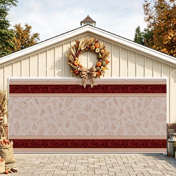 Boho Fall Garage Door Banner 6.9x8 Ft, Thanksgiving Autumn Pumpkins Leaf Striped Red Outdoor Garage Door Cover for Holiday Party, Hanging Banner Backdrop Decoration Wall Decor Flag